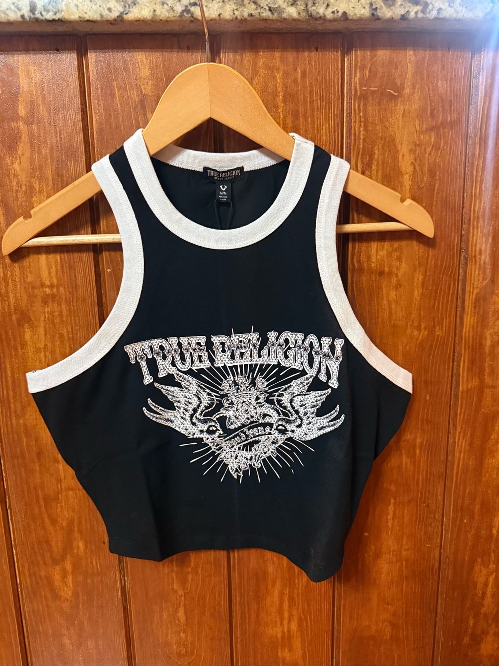 NWT True Religion Black Tank with White Trim and Rhinestone Graphic